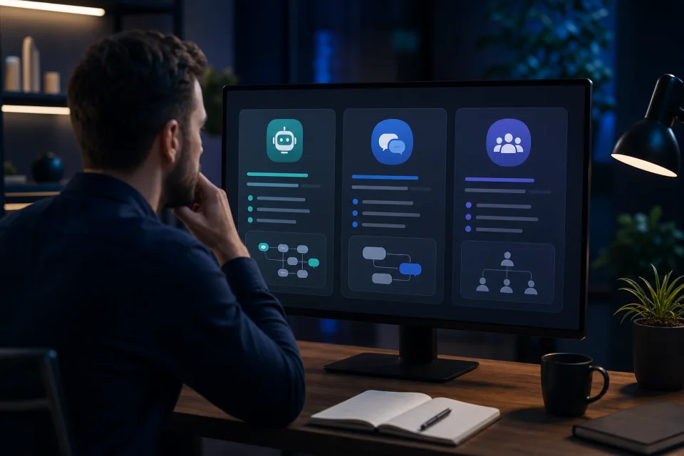 Merchant comparing AI assistant, live chat and support team workflows