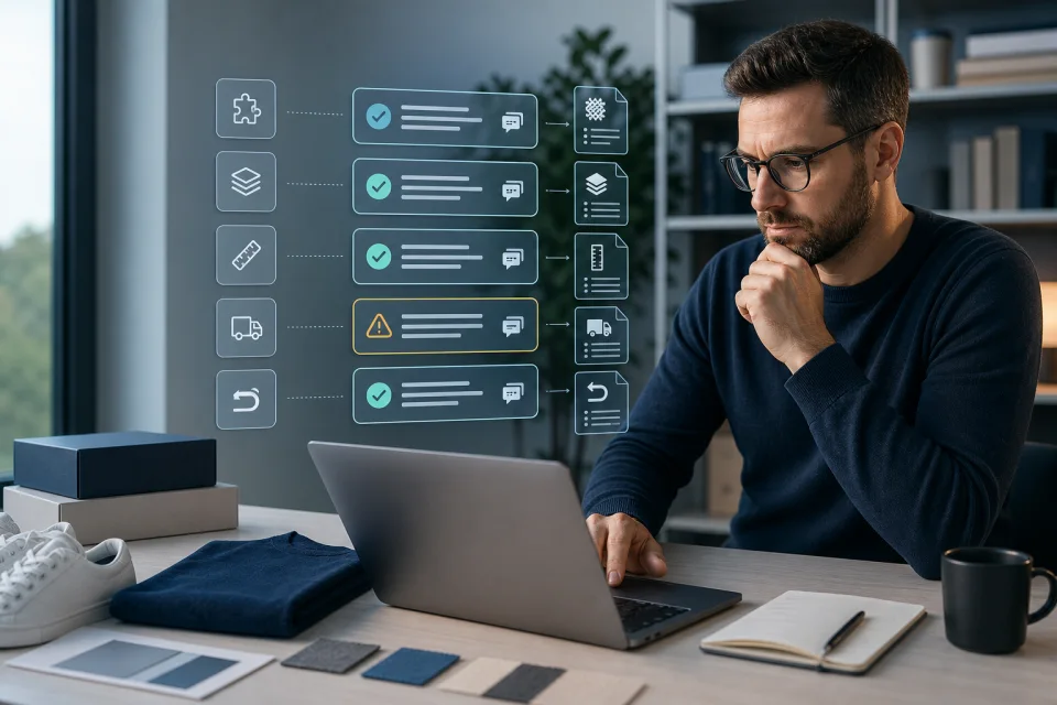 Merchant testing product questions against connected source information