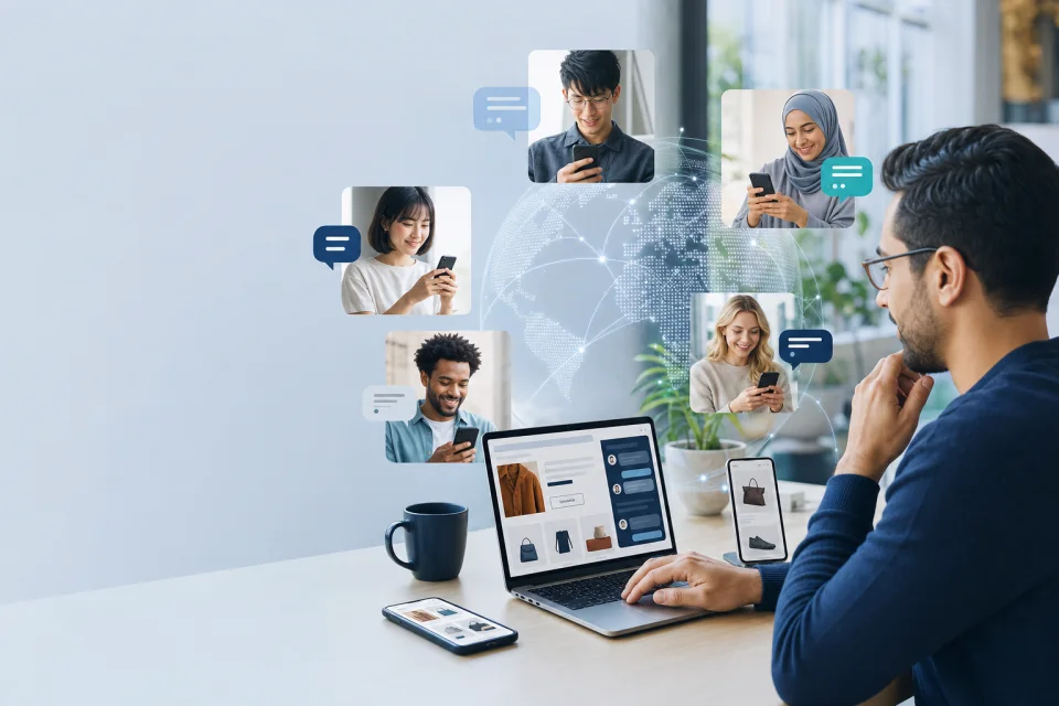 Merchant reviewing customer interactions in different language contexts