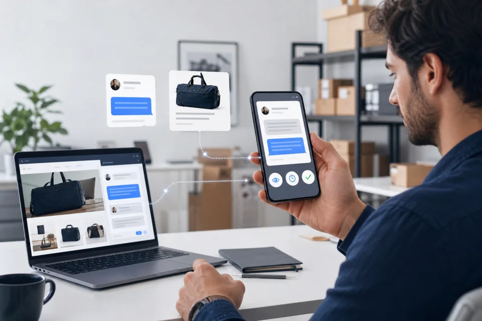 Merchant manually reviewing website conversation context on a phone