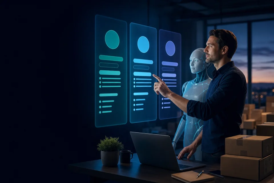 Ecommerce operator comparing three AiRep24 service plans with an AI assistant