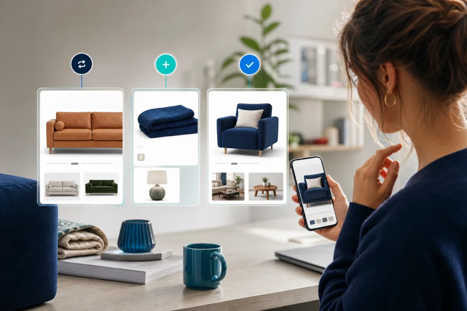Shopper comparing an alternative, a matching product, and a complementary item