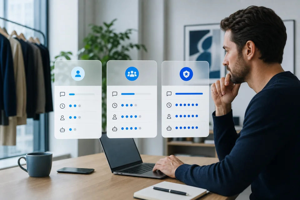 Merchant comparing assistant plans by usage, history, memory, and operator access