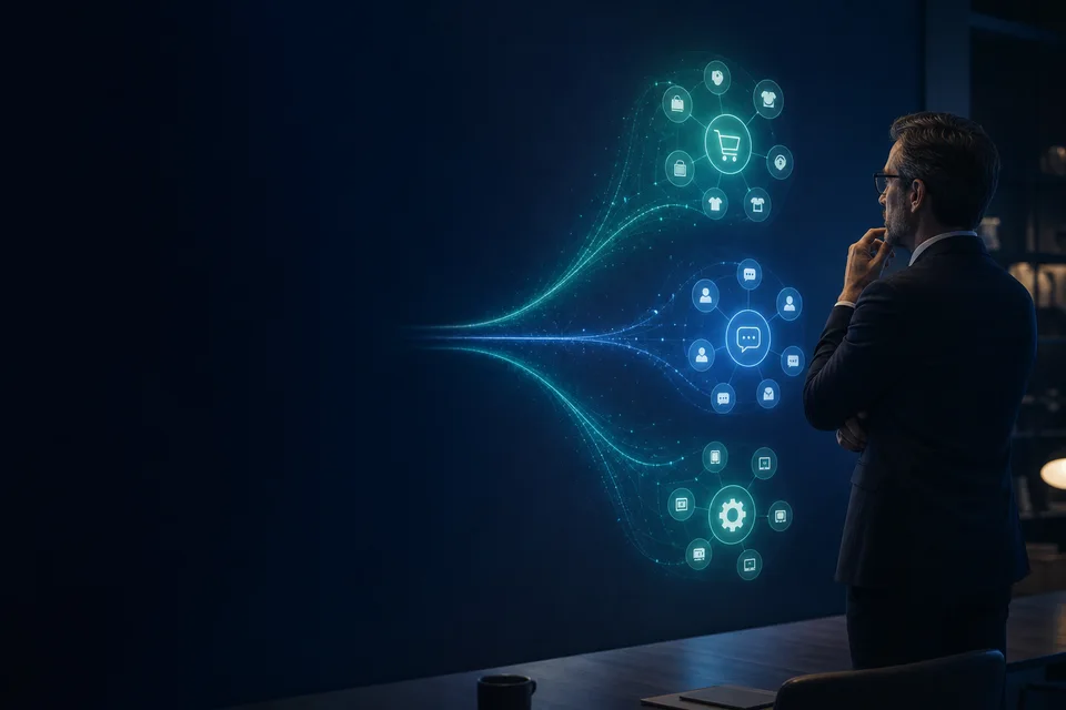 Ecommerce strategist reviewing connected AI, customer experience, and automation topic paths