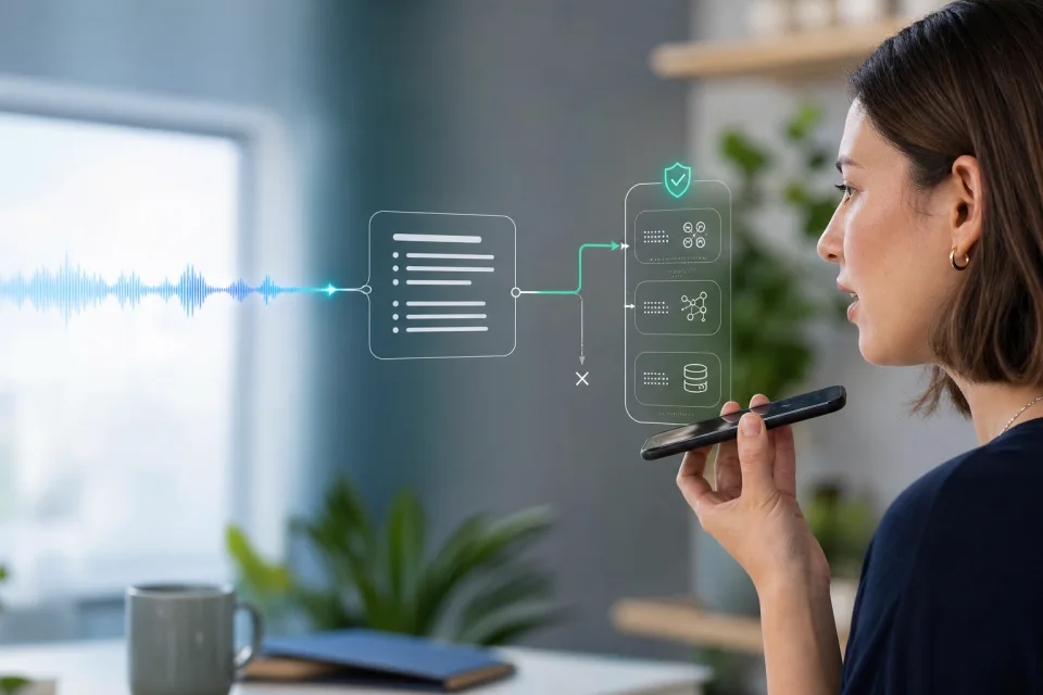 Voice request converted to text within a controlled data flow