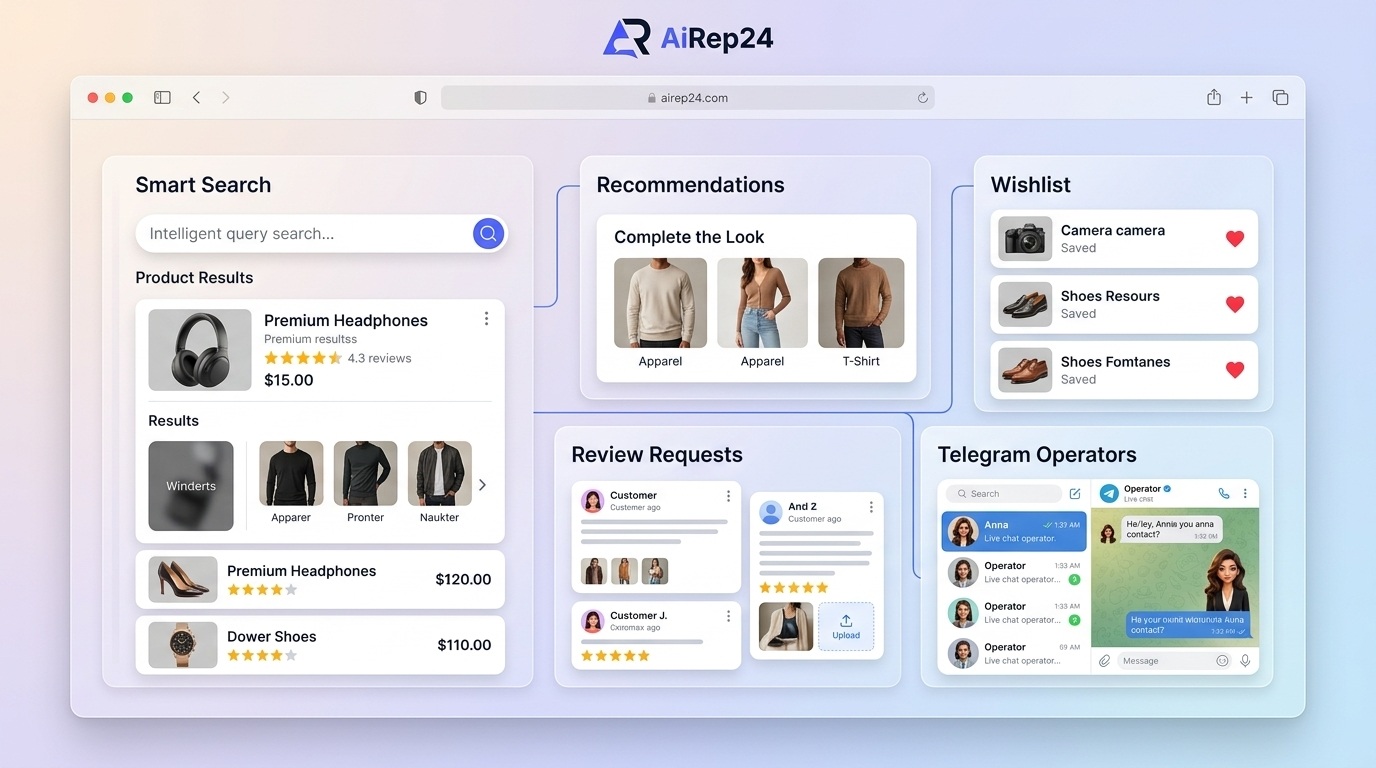 AiRep24 combines smart search, recommendations, wishlist memory, post-purchase review, and operator handoff