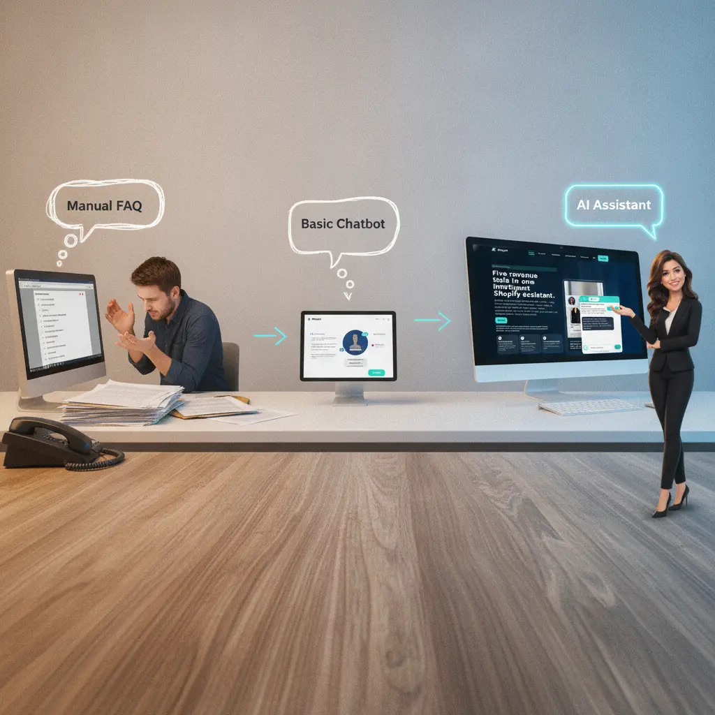 Infographic showing the evolution from manual customer support to automated AI assistance.