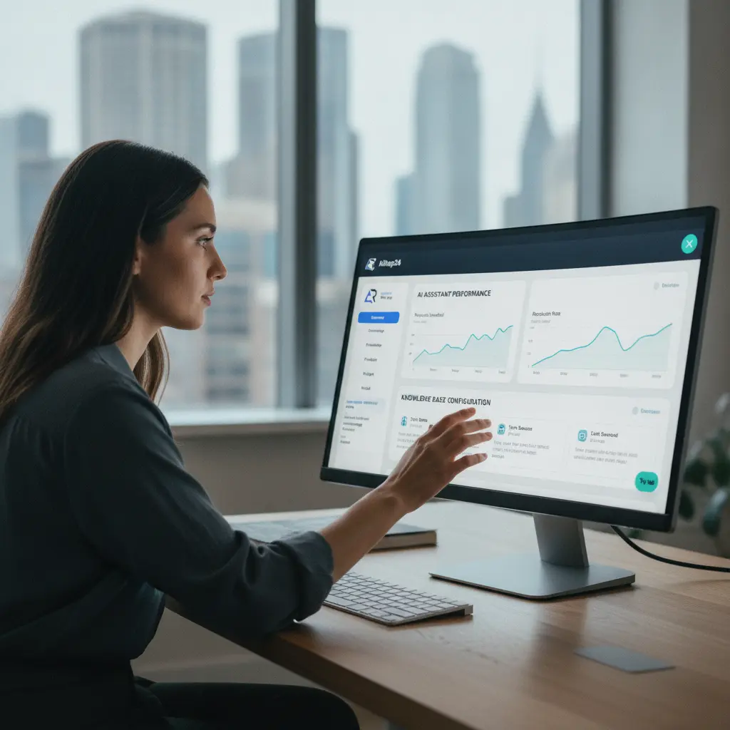 AiRep24 dashboard showing AI assistant performance metrics and knowledge base configuration
