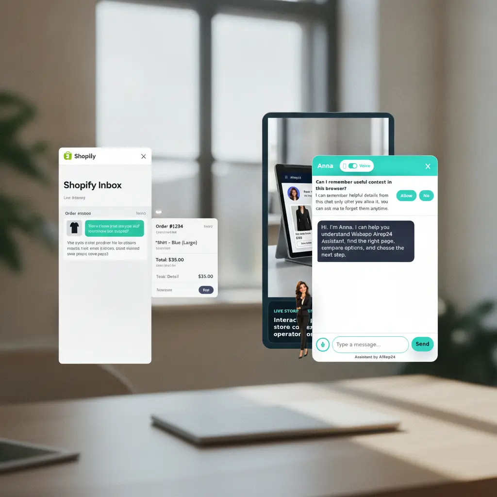 Shopify Inbox interface with live chat conversation and customer order details