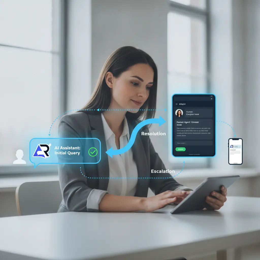 Diagram illustrating customer support workflow with AI handling initial queries and escalating to human agents