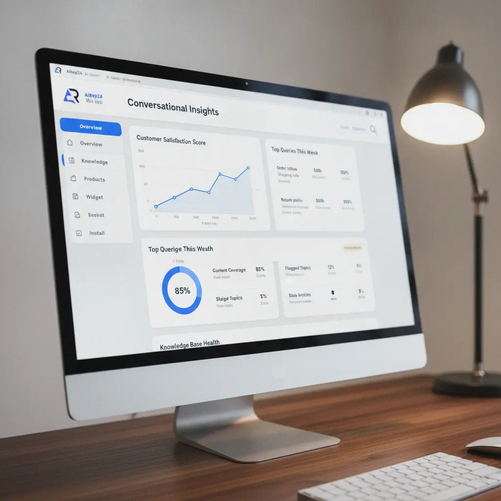 Screenshot of an AI customer assistant dashboard showing conversational insights and knowledge base health.