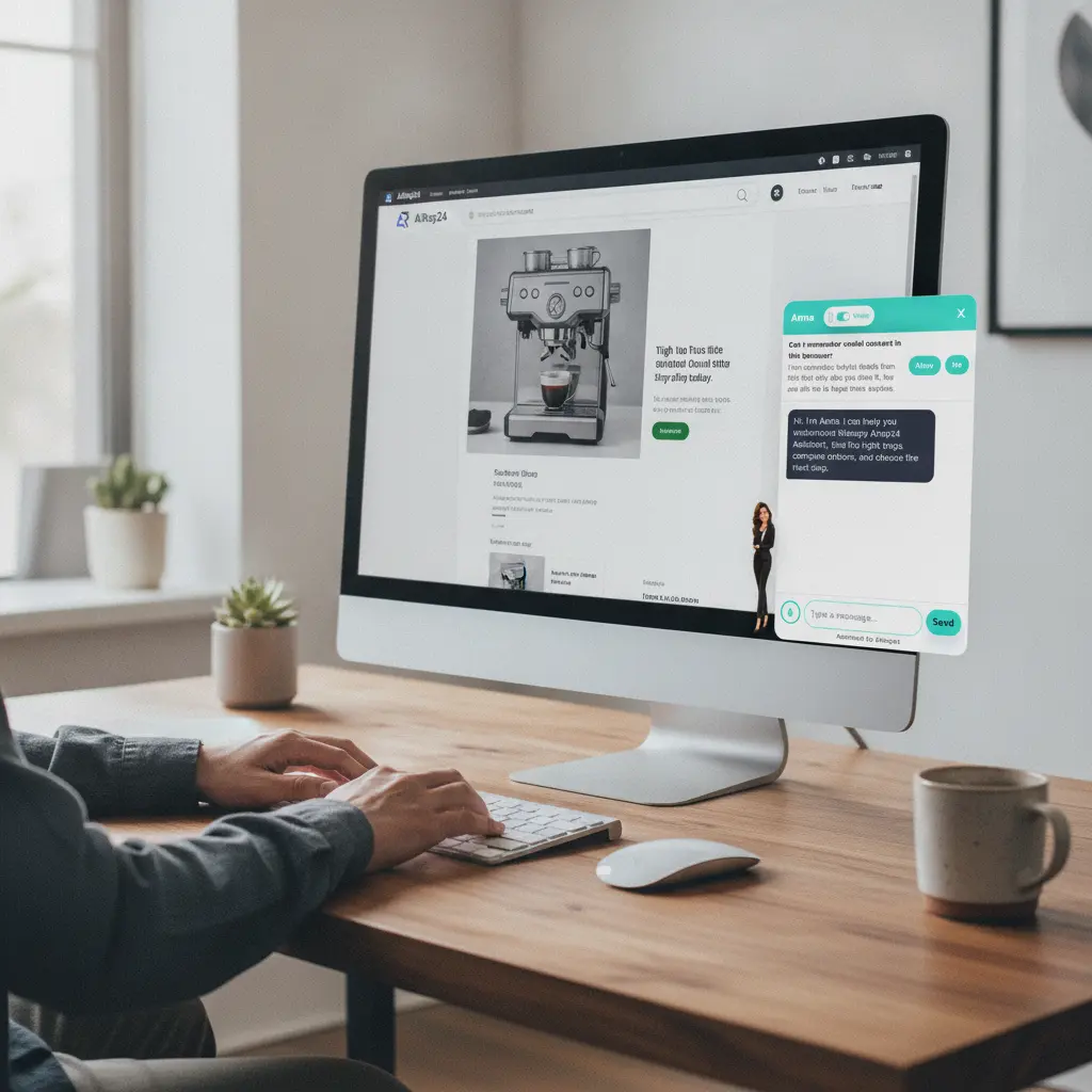 Graphic depicting the AiRep24 AI assistant integrated within a Shopify store's customer service interface.