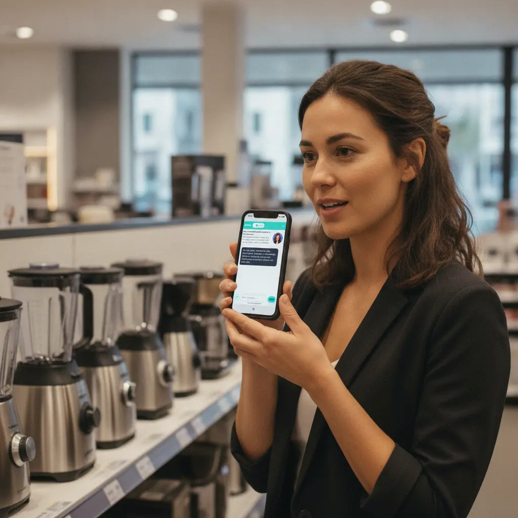 A customer speaking into a smartphone, interacting with an AI assistant via voice for product details