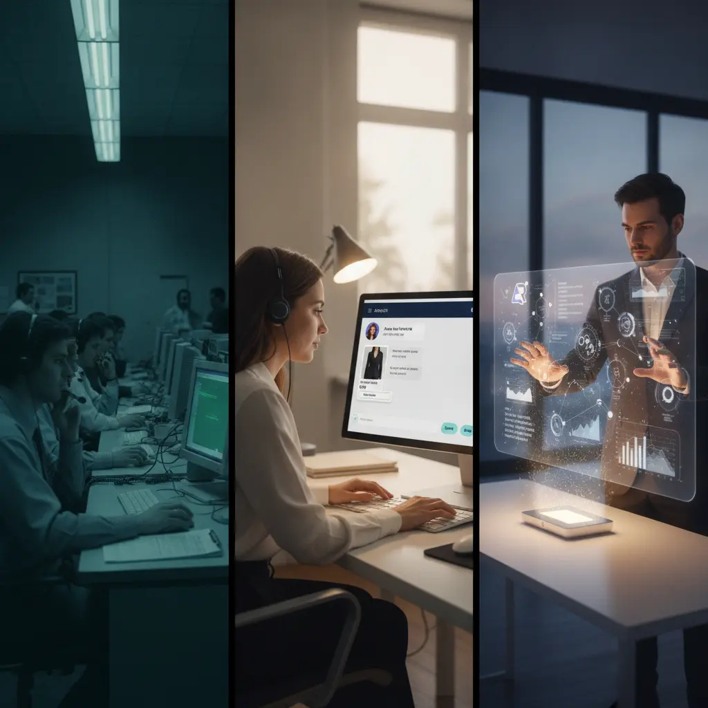Graphic depicting the evolution of customer support, from traditional call centers to AI-powered chatbots and advanced AI agents.