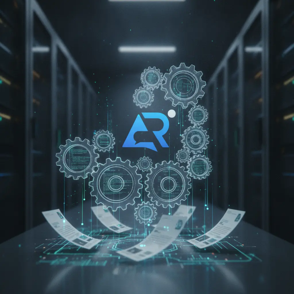 Digital documents flowing into an AI system with gears, representing knowledge base synchronization.