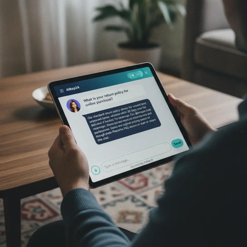 A chat interface displaying an AI assistant providing a detailed answer about a return policy to a customer query.