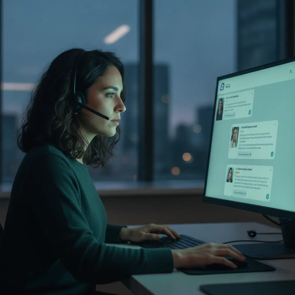 A customer service operator monitoring a queue of chats on a screen, ready to intervene in complex AI interactions.