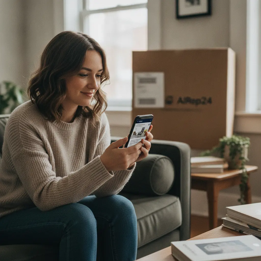 A customer chatting with an AI assistant on a mobile phone about a home goods delivery schedule.