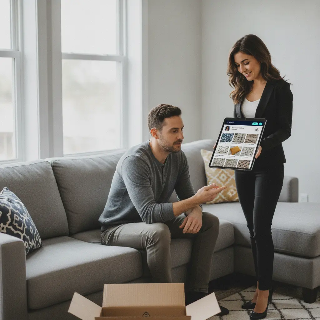 An AI assistant showing a customer compatible throw pillows and a rug for a sofa purchase.