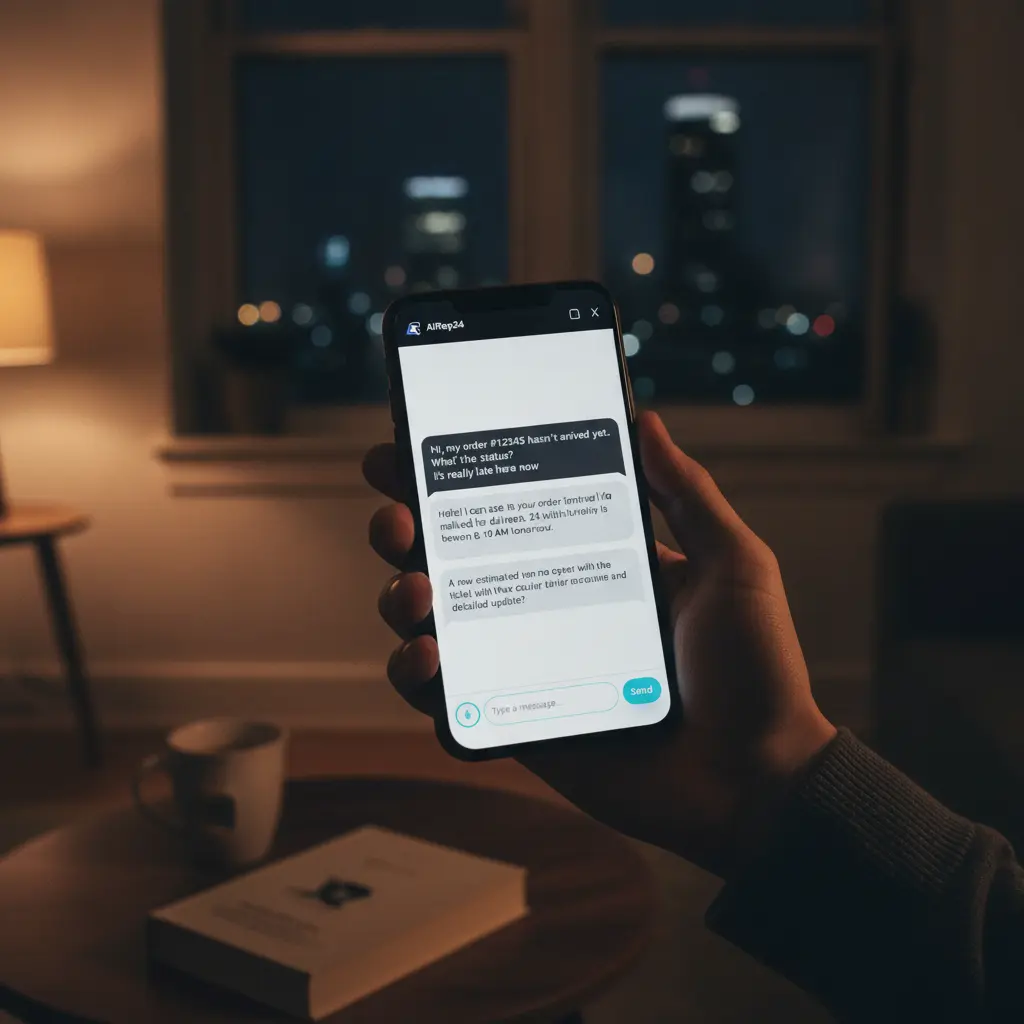 An AI chat interface on a mobile phone displaying a customer query and a source-grounded response