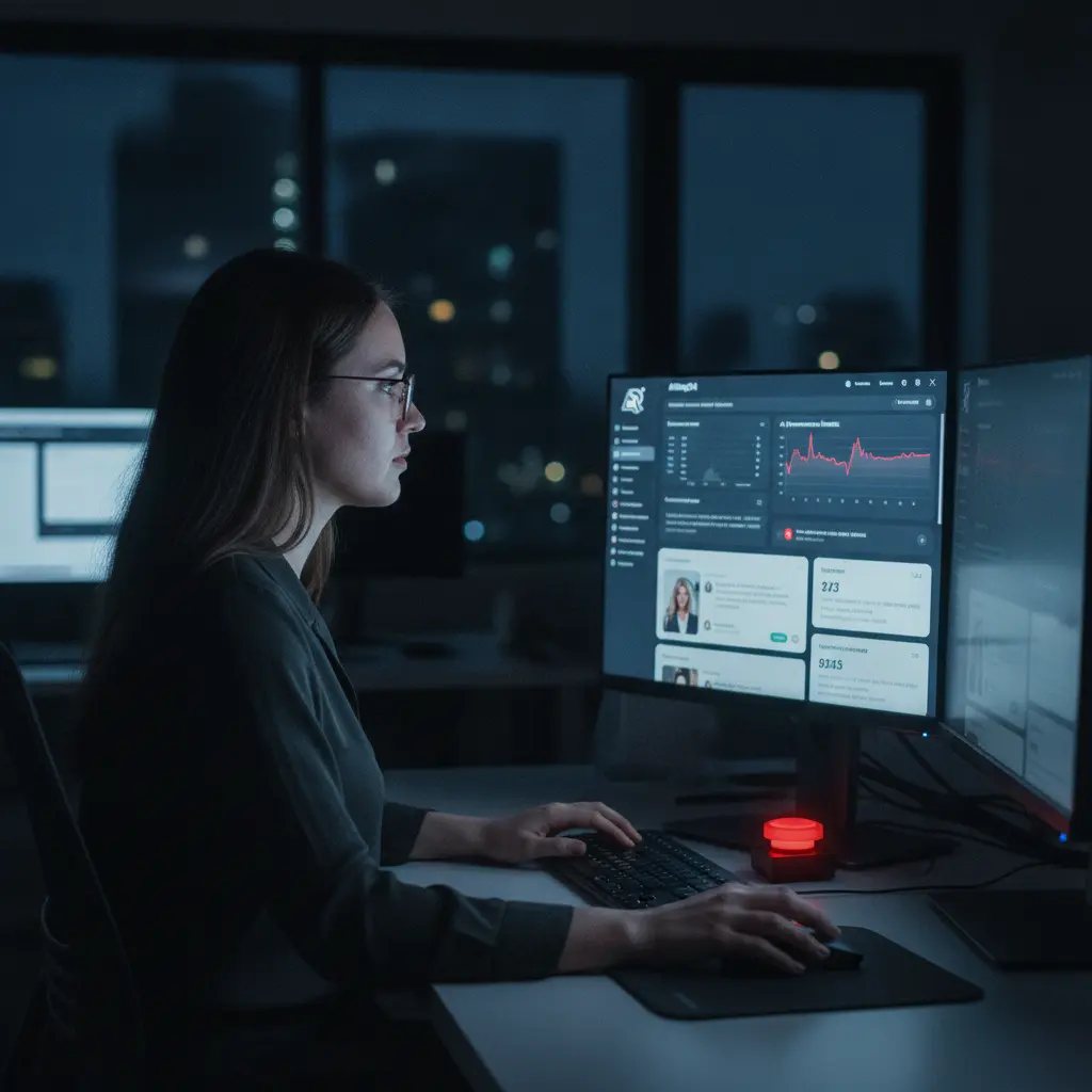 A small support team member monitoring AI assistant performance on a dashboard, ready for human intervention
