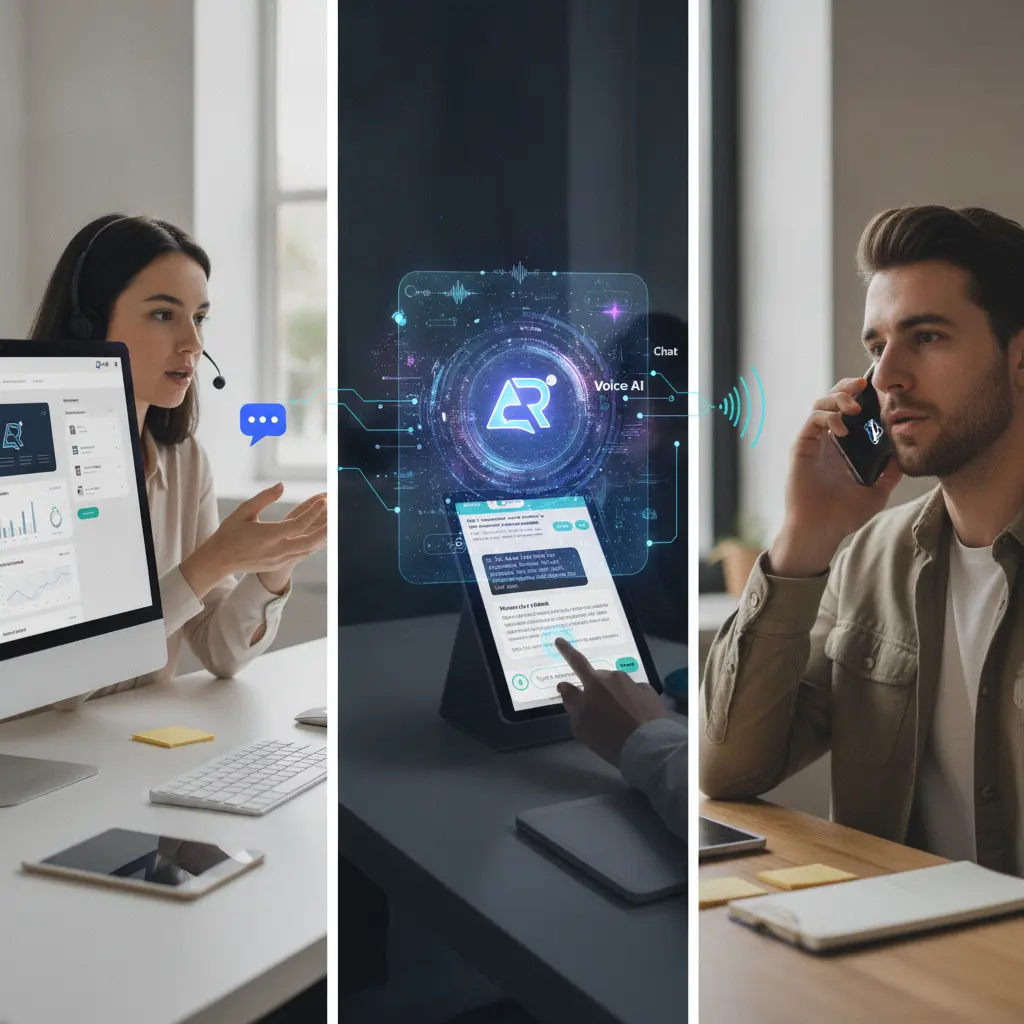 An illustration showing Voice AI integrated with other customer support channels like chat and human agents.