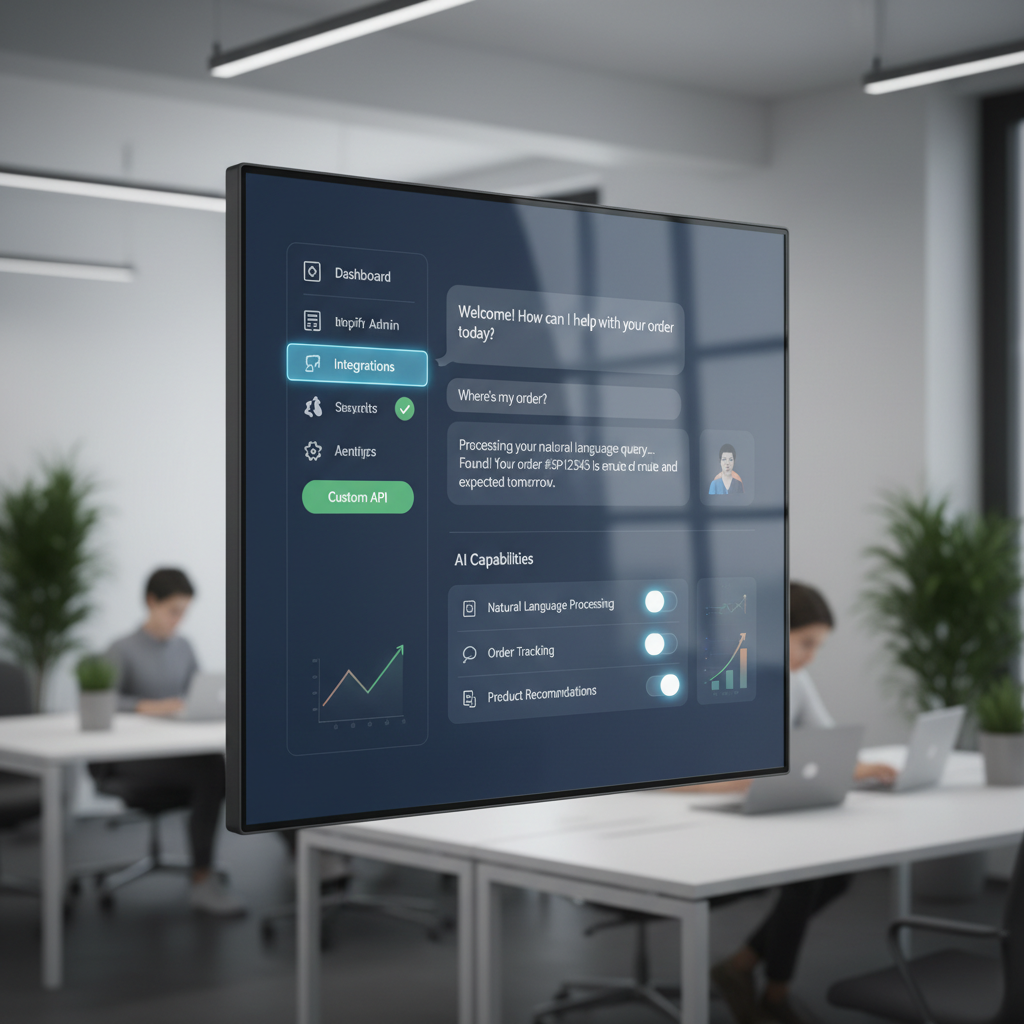Screenshot of a Shopify AI chatbot interface highlighting key features like NLP and integration options