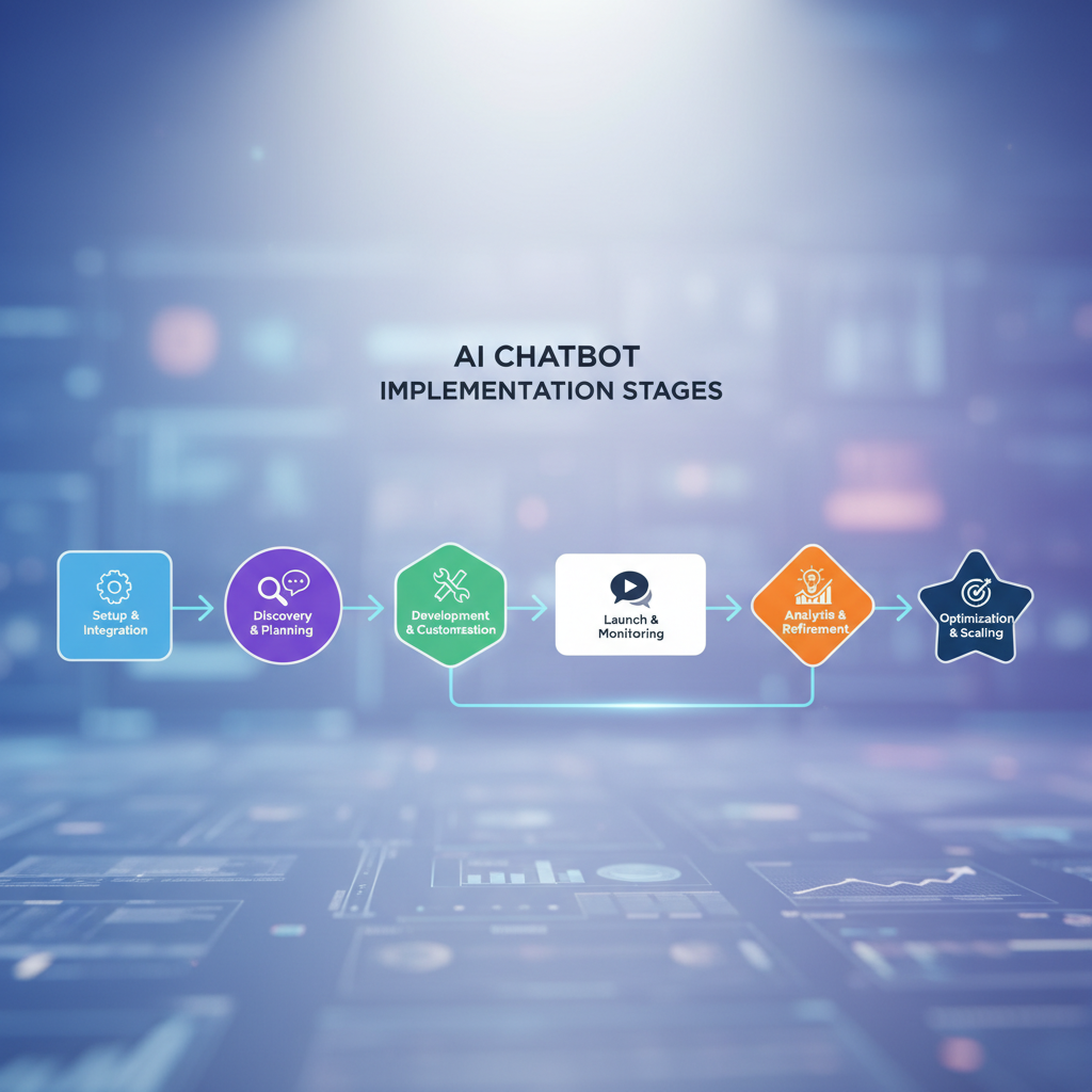Flowchart illustrating the stages of chatbot implementation from setup to optimization