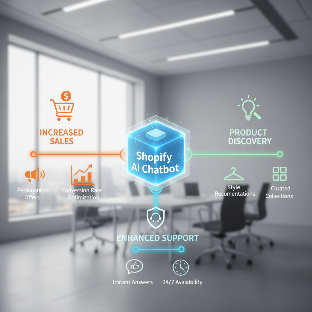 An infographic showing the various benefits of an AI chatbot for Shopify, including sales, support, and product discovery